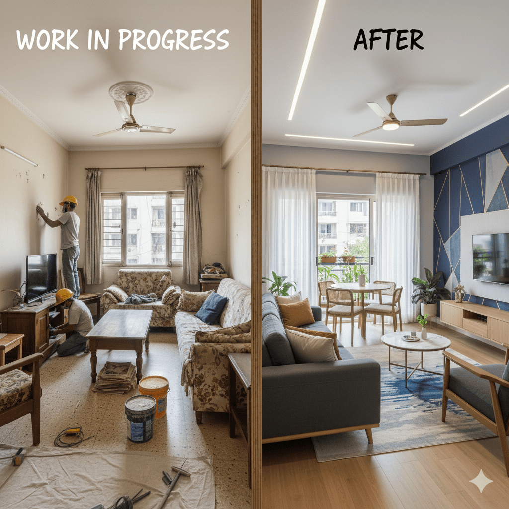 Before and after home interior design transformation in Pune 2BHK apartment"