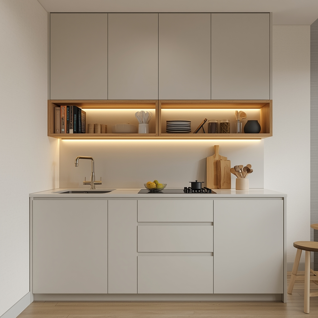 Budget modular kitchen Pune with light cabinets LED strip lighting and open shelving