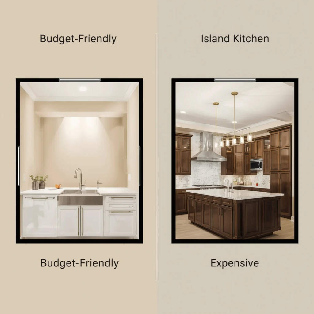 L-shaped modular kitchen floor plan budget-friendly vs island kitchen layout expensive comparison