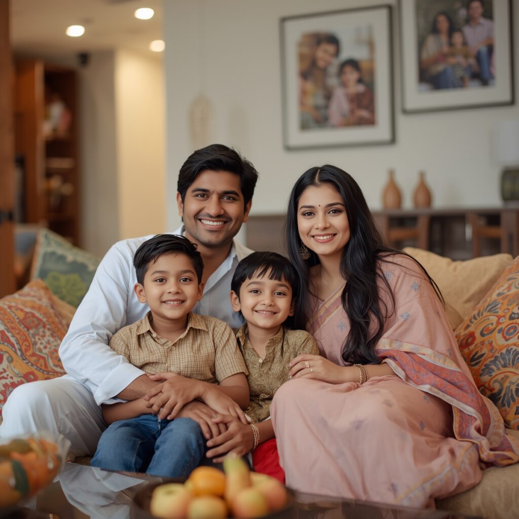 "Happy family enjoying comfortable modern interior design - parents and children relaxing together in stylish living room that balances beauty with livability