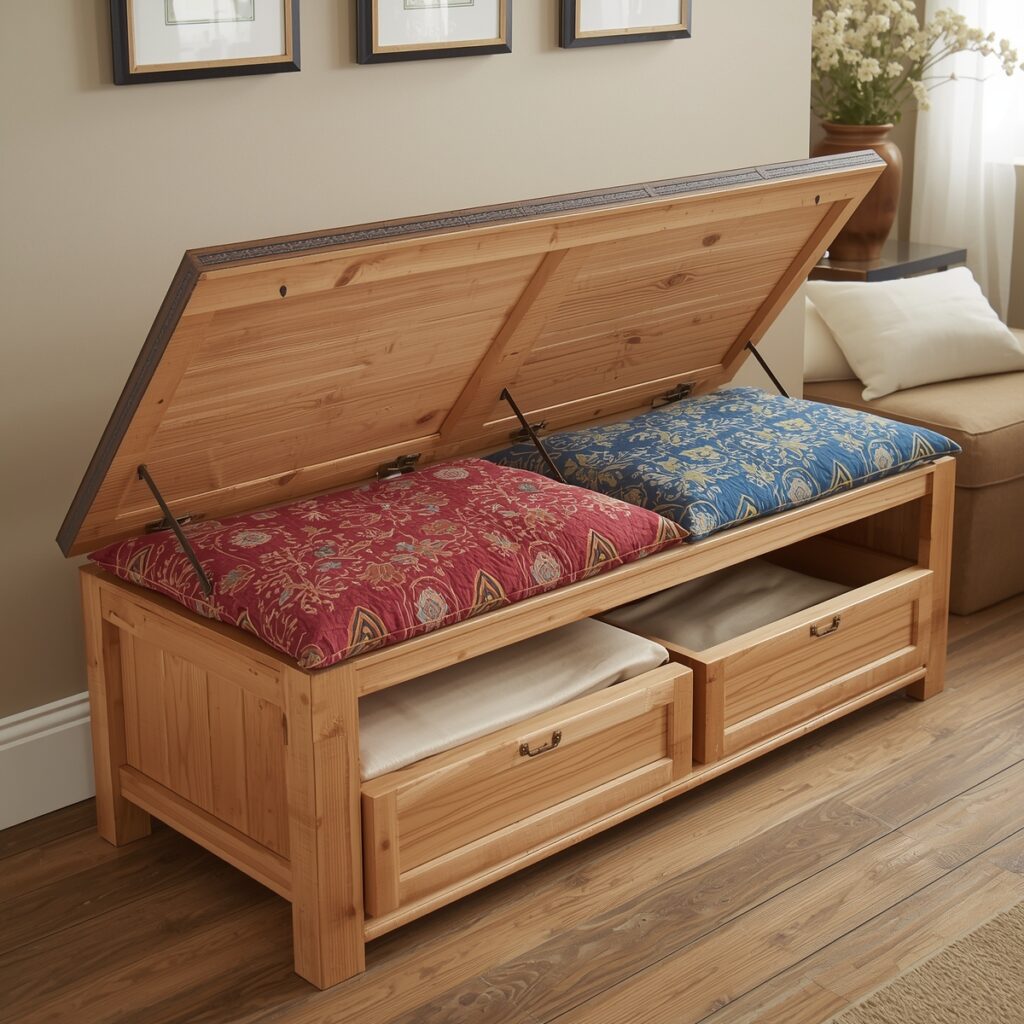 Wooden storage bench with colorful cushions and open compartments showing storage boxes underneath