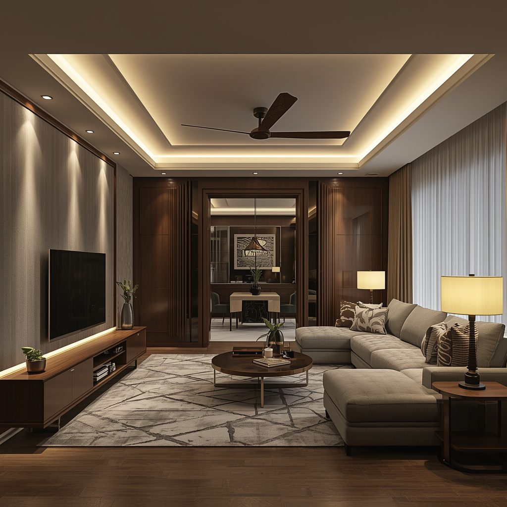 Professional interior design showcasing modern living room with designer furniture and expert lighting placement