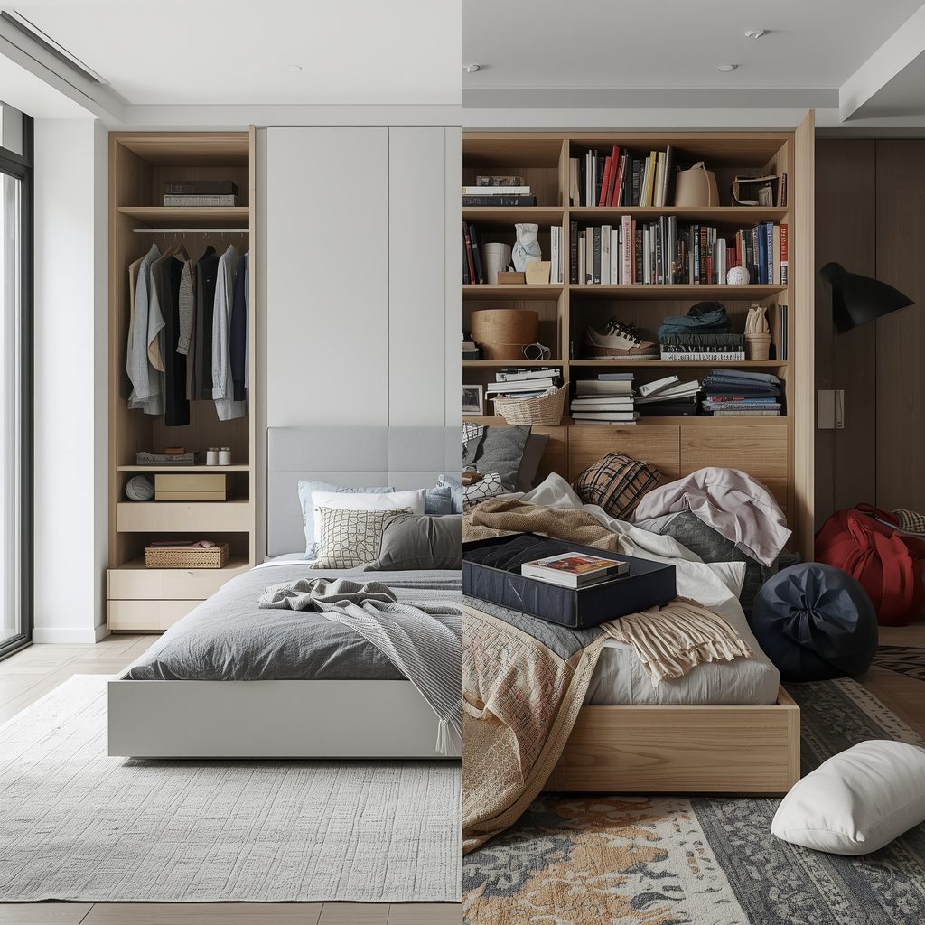 Image Idea: A modern bedroom with hidden storage (like a bed with pull-out drawers) vs. a
cluttered room with no storage