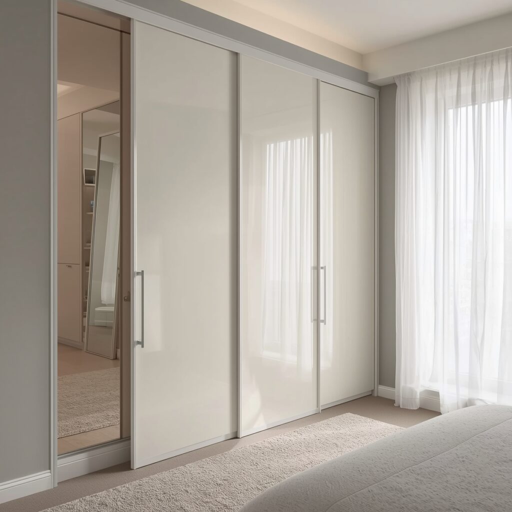 Modern bedroom featuring sliding wardrobe with pocket doors that disappear into wall cavity for maximum space saving