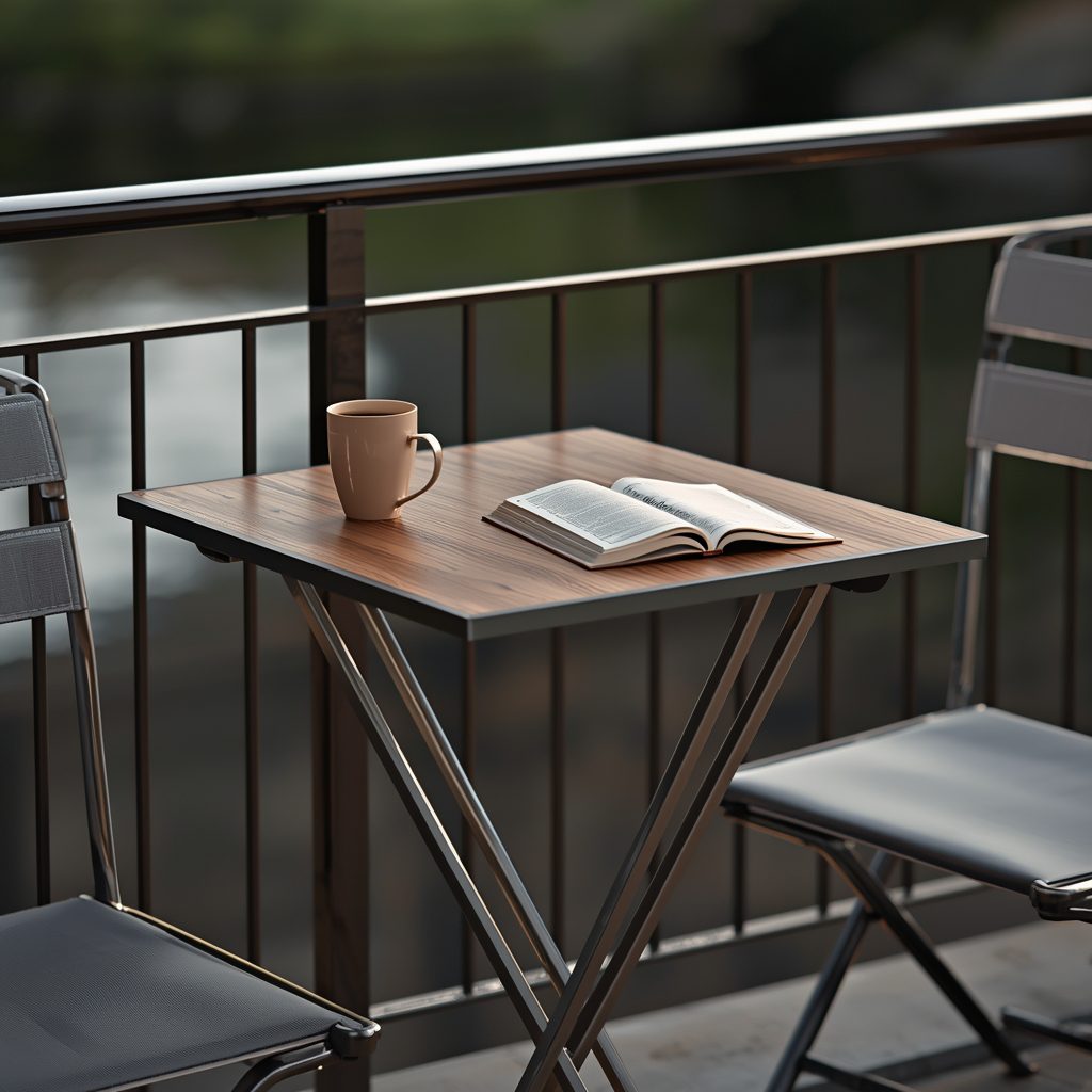 A compact foldable table mounted to a balcony railing holds a steaming coffee mug and open book, with two matching folding chairs positioned nearby, creating a cozy outdoor reading nook