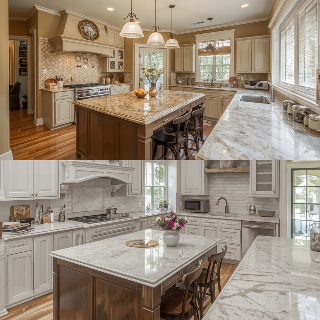 Lucid_Origin_A_real_family_kitchen_with_warm_beige_walls_and_s_0 (2) Granite countertops in busy family kitchen showing realistic wear patterns from daily cooking and food preparation
