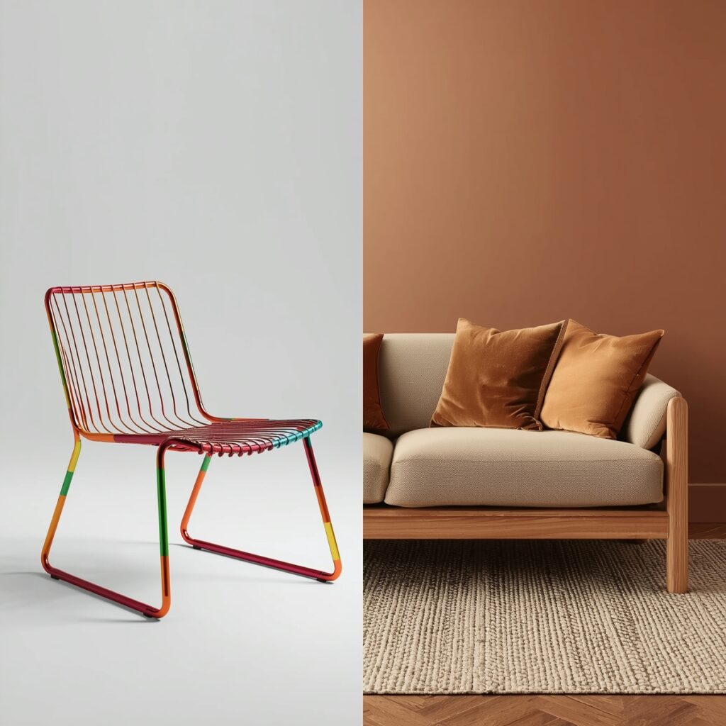Interior design functionality guide: stylish but uncomfortable accent chair versus cozy modern sofa showing balance between beauty and comfort in home décor"Interior design functionality guide: stylish but uncomfortable accent chair versus cozy modern sofa showing balance between beauty and comfort in home déco