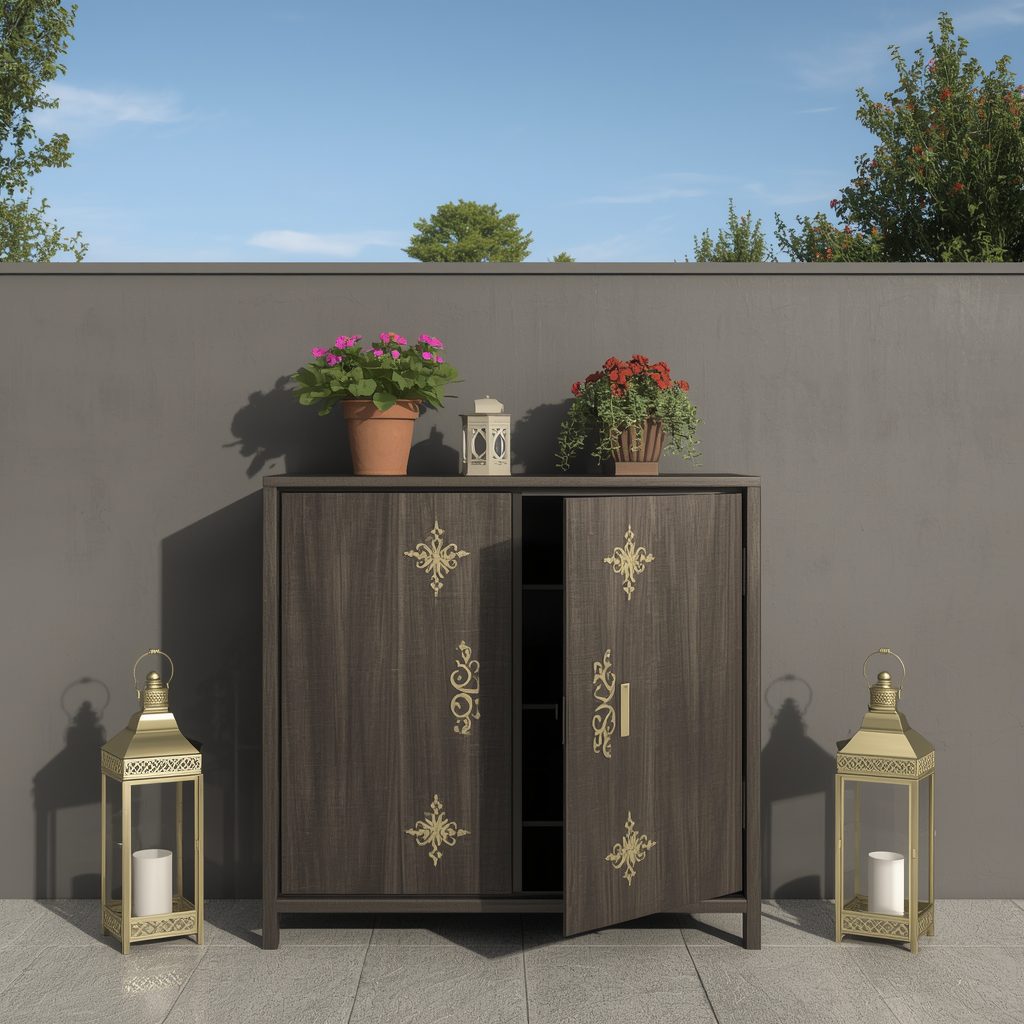 A modern, sleek outdoor storage cabinet topped with elegant decorative lanterns and small potted plants, creating an attractive and functional balcony storage solution