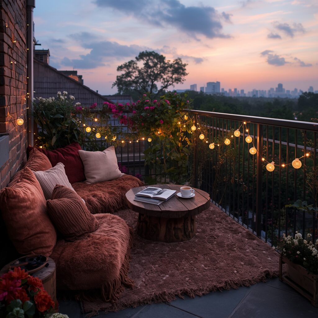 Cozy small balcony setup with area rug, floor cushions, round coffee table, and ambient string lighting, demonstrating how to create an inviting relaxation zone in limited outdoor space