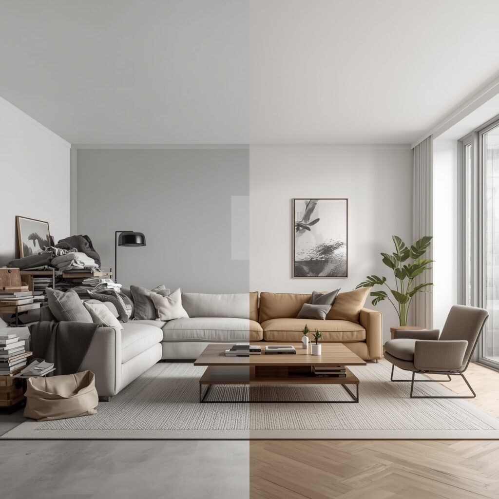 Before and after interior design: poor furniture scale versus balanced room layout with proper proportion