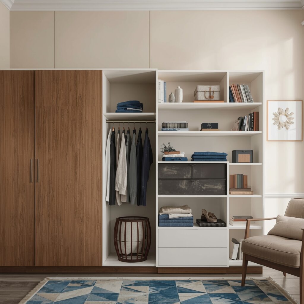 Modern bedroom featuring sliding wardrobe combined with open shelving units for versatile storage and decorative display