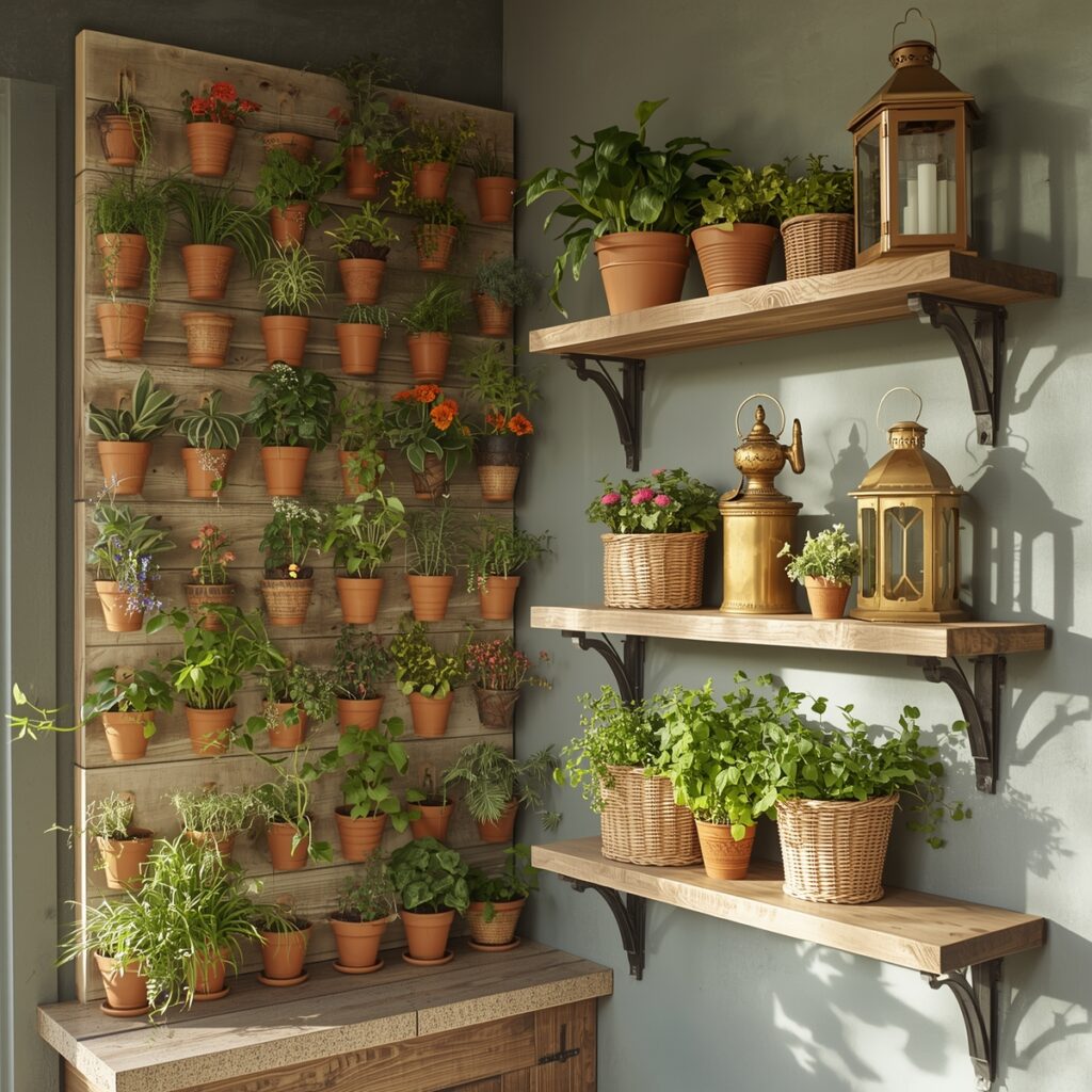 Vertical wall garden with small pots next to wooden shelves holding baskets and lanterns