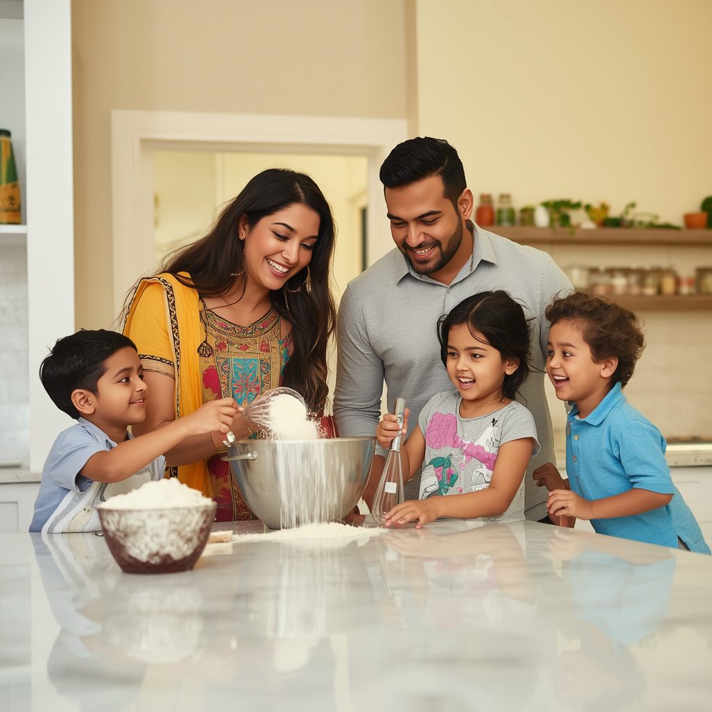Lucid_Origin_A_vibrant_and_lively_modern_kitchen_with_sleek_wh_2 Family cooking together in modern kitchen with white countertops