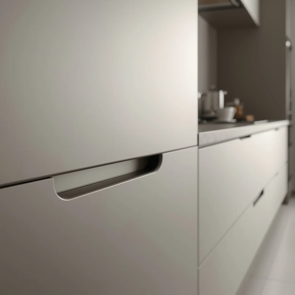 Handle-less modular kitchen cabinets with J-pull groove system - modern interior design solution for stylish homes