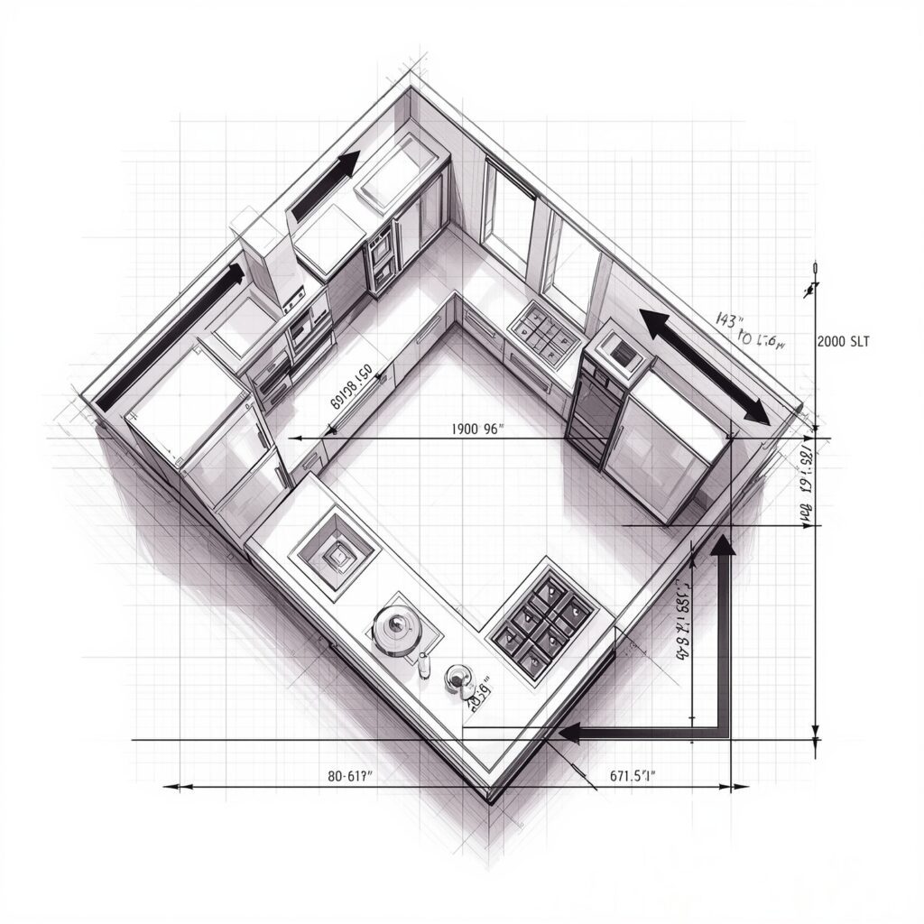Hand-drawn kitchen layout sketch with measurements and notes