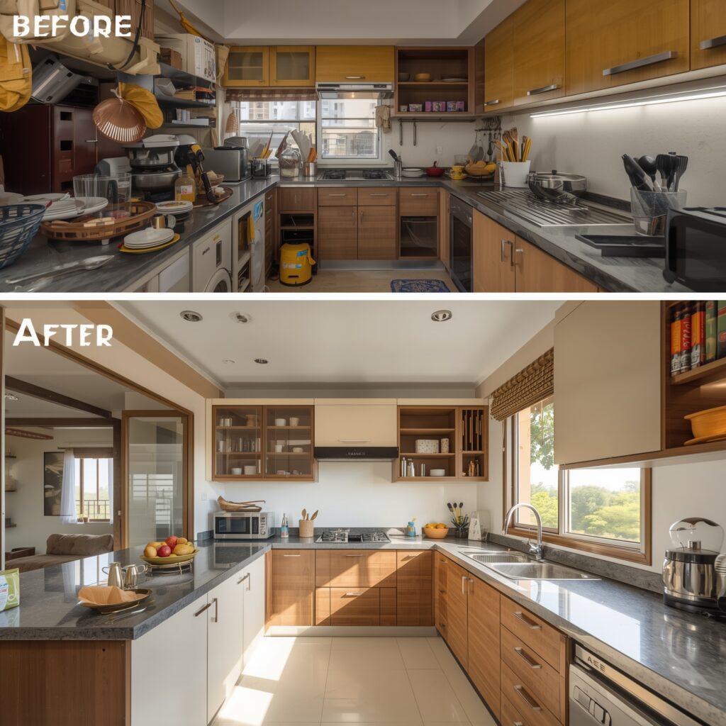 Budget-friendly modular kitchen before after transformation small Pune apartment interior design