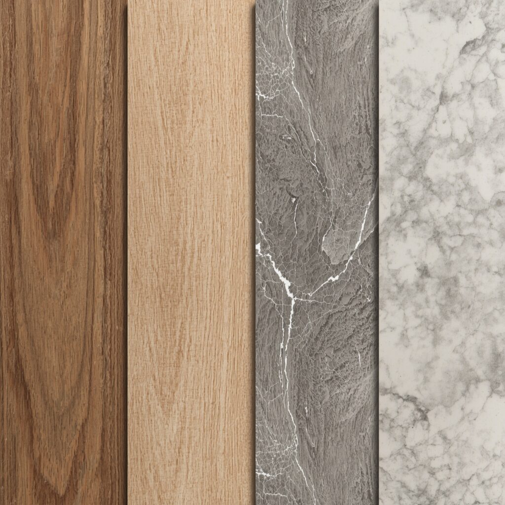 Budget-friendly laminate finishes wood marble texture comparison modular kitchen materials