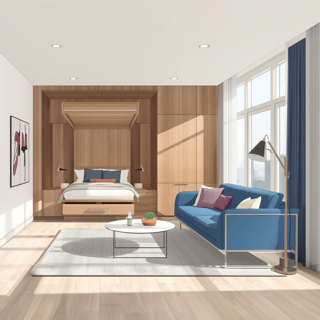 Modern small studio apartment illustration showing space-saving Murphy bed folded into wall with sofa positioned in front for dual-purpose living area"