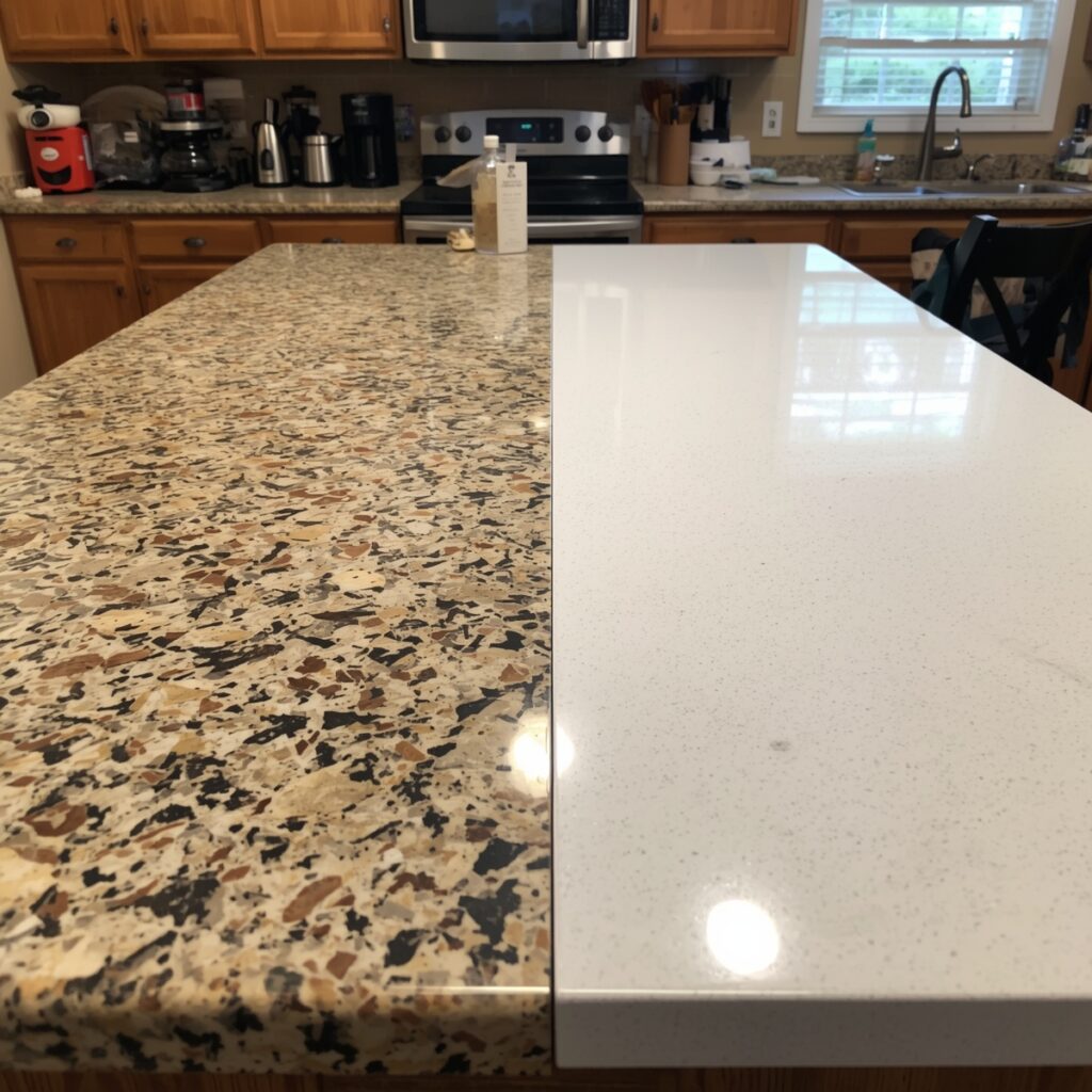Lucid_Origin_Image_A_real_family_kitchen_with_a_mix_of_warm_an_3 Granite countertop left quartz countertop right modern kitchen comparison
