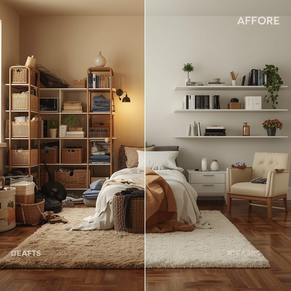 Before and after bedroom organization showing cluttered space transformed with storage baskets and floating shelves for small bedroom storage solutions"