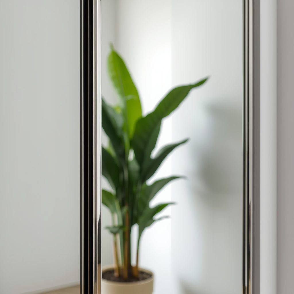 Close-up of mirrored sliding wardrobe doors with thin elegant frame showing plant reflection that makes the small bedroom appear larger and more spacious"