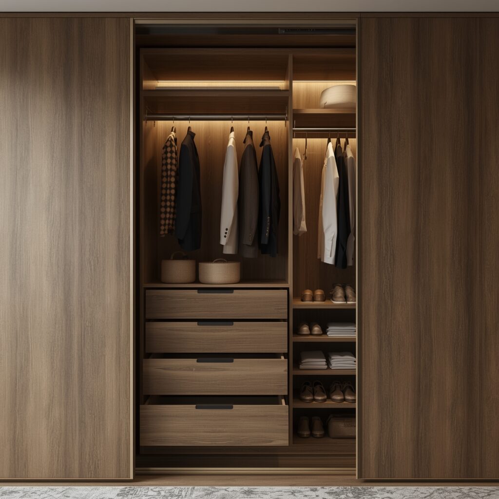 Open sliding wardrobe showing organized interior with drawers, hanging rods, and shelves with internal lighting