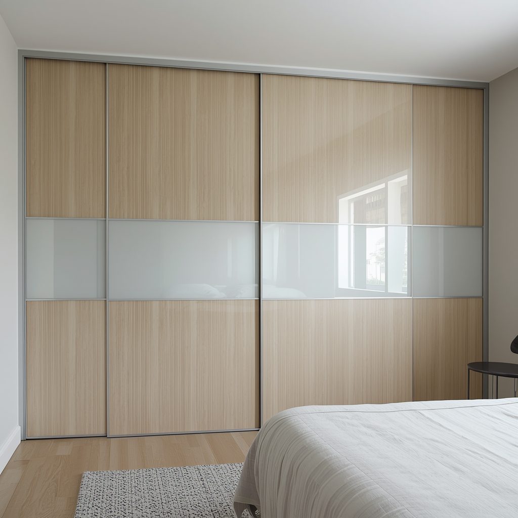 Floor-to-ceiling white sliding wardrobe seamlessly integrated into small bedroom wall