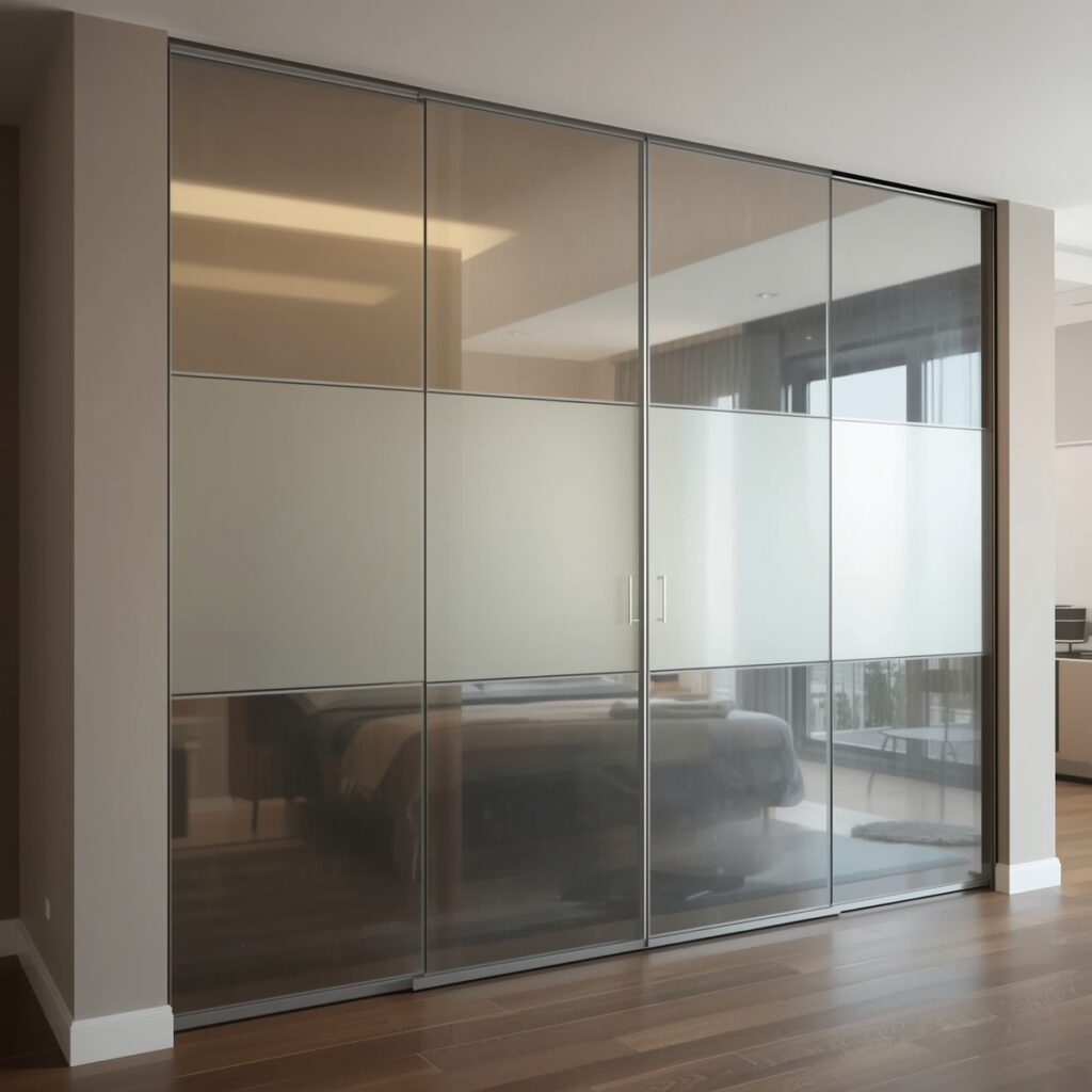 Sliding wardrobe with glass and frosted panel doors in modern bedroom