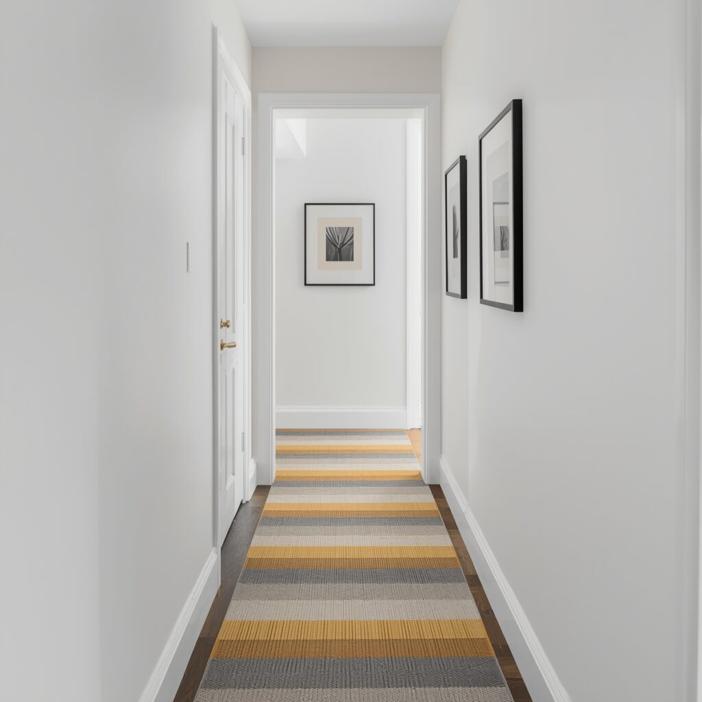 Small narrow hallway with striped runner rug placed lengthwise to create illusion of longer, more spacious corridor using interior design tricks