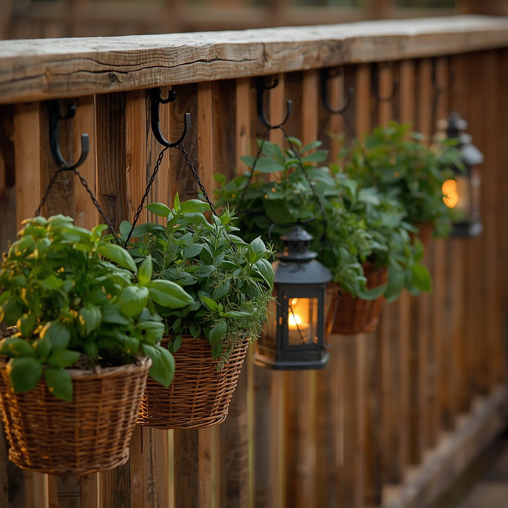 Railing baskets filled with herbs next to hanging hooks with small decorative lanterns