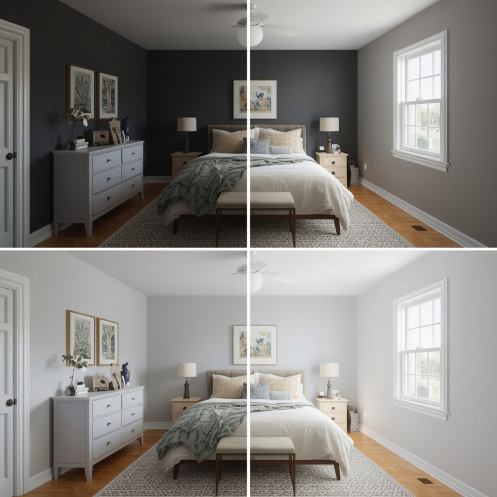 A before-and-aftera comparison of small bedroom transformation showing dark painted walls versus bright white walls,
demonstrating how light colors make rooms appear larger
