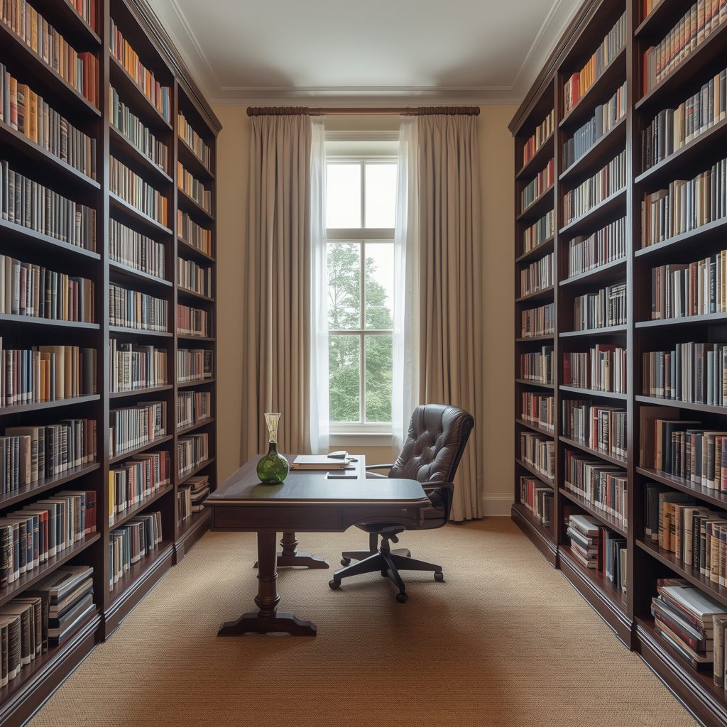 Small study room with floor-to-ceiling tall bookshelves maximizing vertical space to make room appear larger and more spacious"