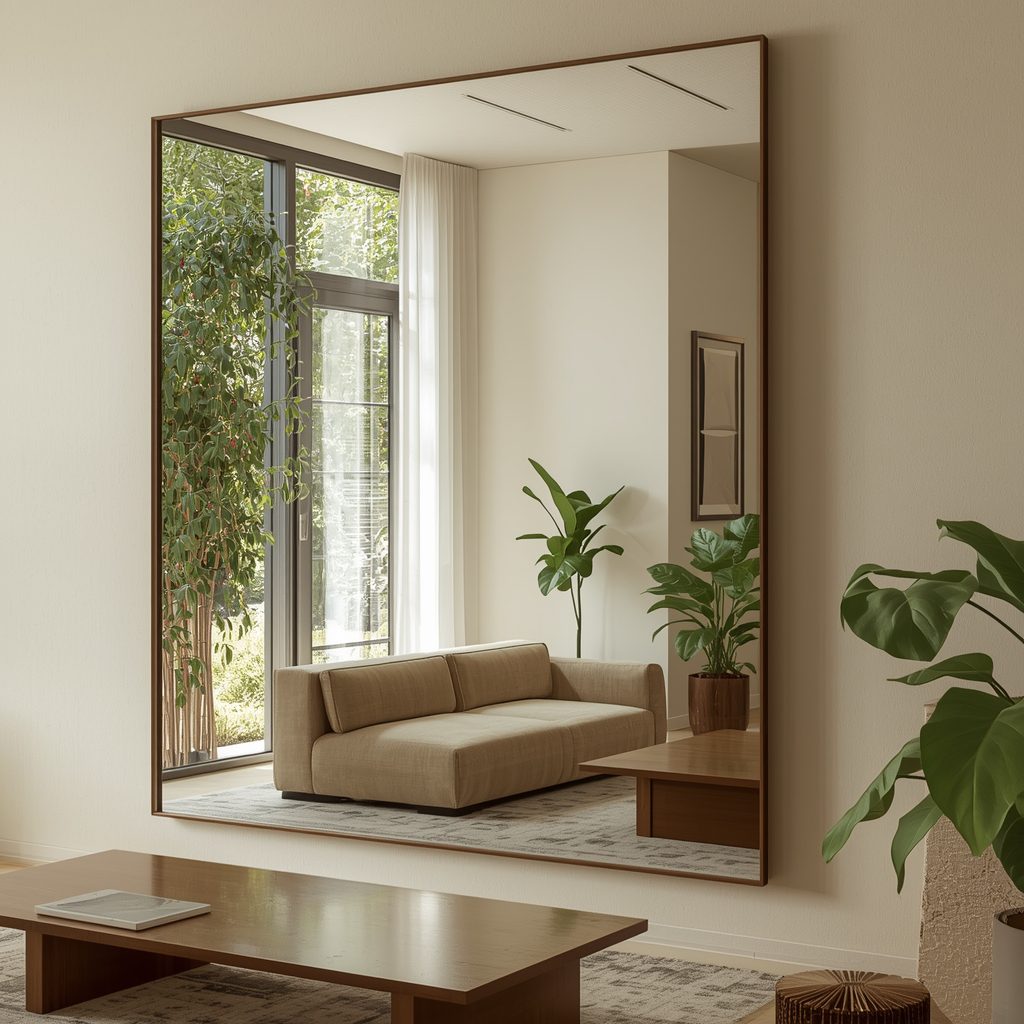 Contemporary living room featuring a large wall mirror placed directly across from a window, reflecting sunlight and green plants from outside into the interior space"