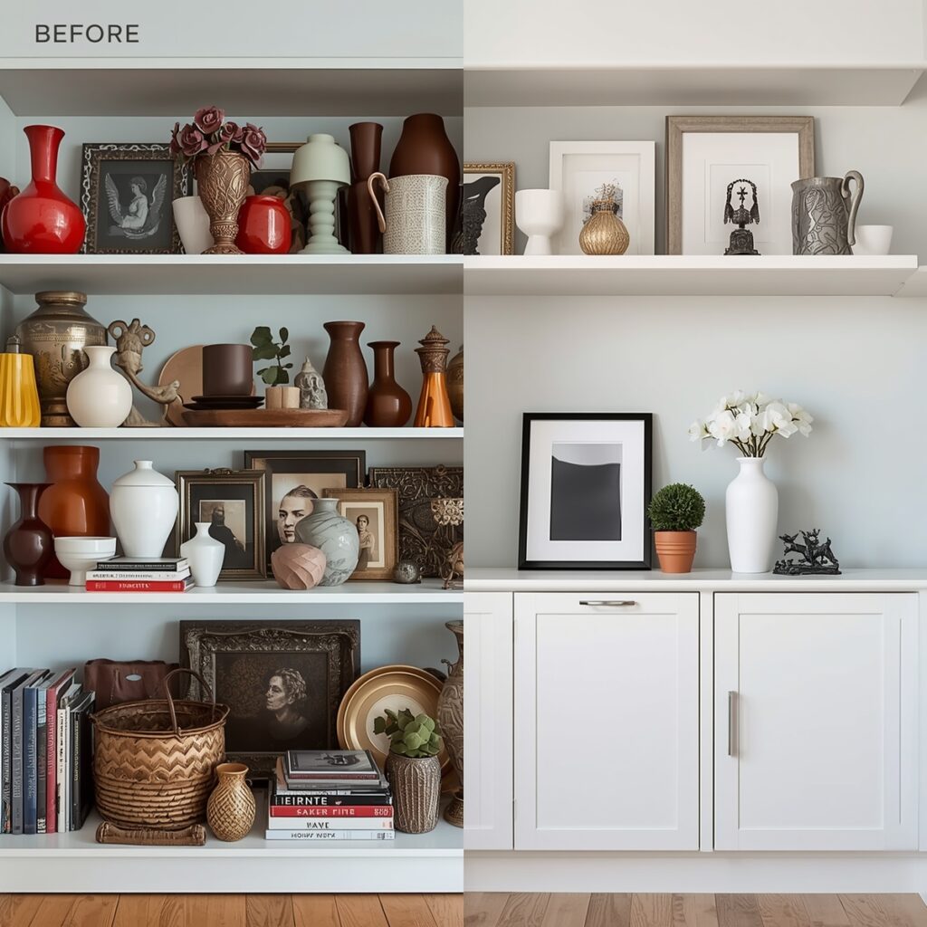 Before and after shelf styling: cluttered décor display versus minimalist arrangement with few elegant pieces showing small space decorating principles"Before and after shelf styling: cluttered décor display versus minimalist arrangement with few elegant pieces showing small space decorating principles
