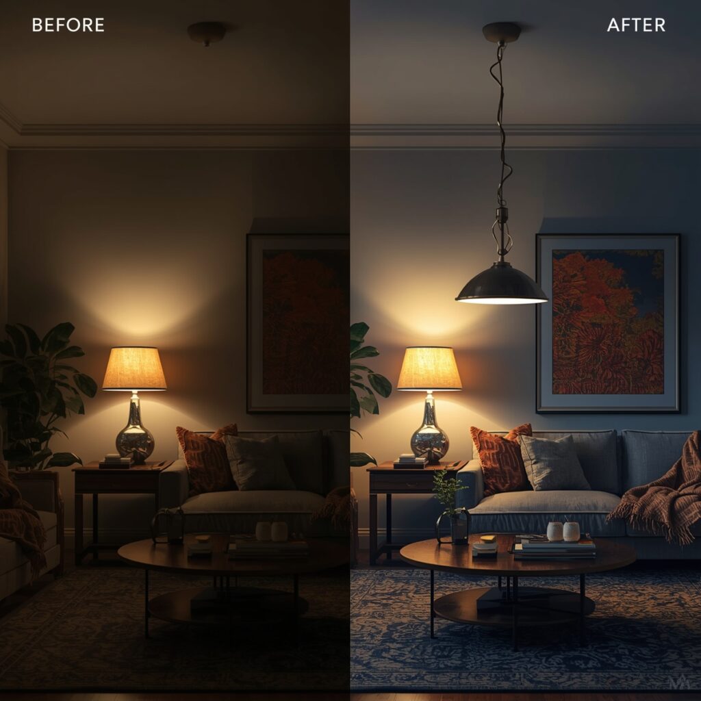 Interior design lighting mistakes: living room with harsh overhead lighting versus modern interior with layered lighting including table lamps, floor lamps, and accent lighting"