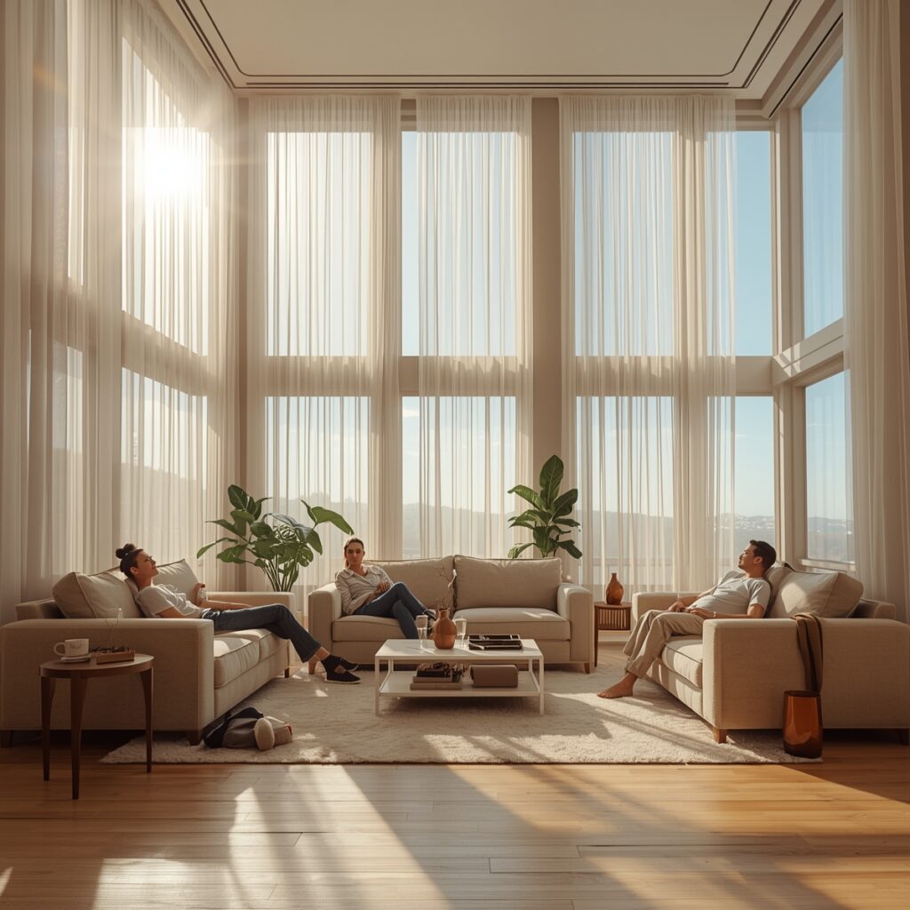 Bright airy living room with large windows, flowing sheer curtains, and natural sunlight creating spacious atmosphere for small space design