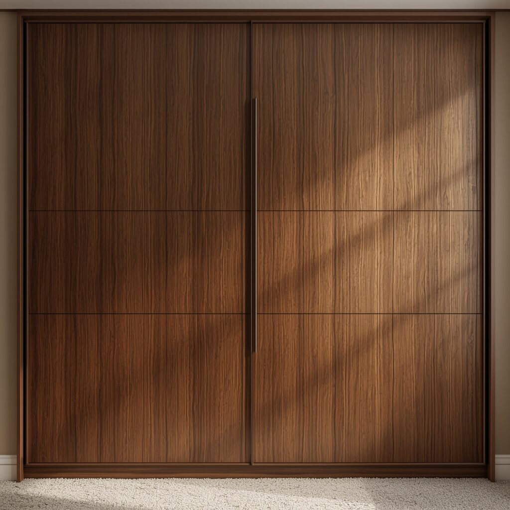 Sliding wardrobe with wooden textured doors in modern bedroom interior