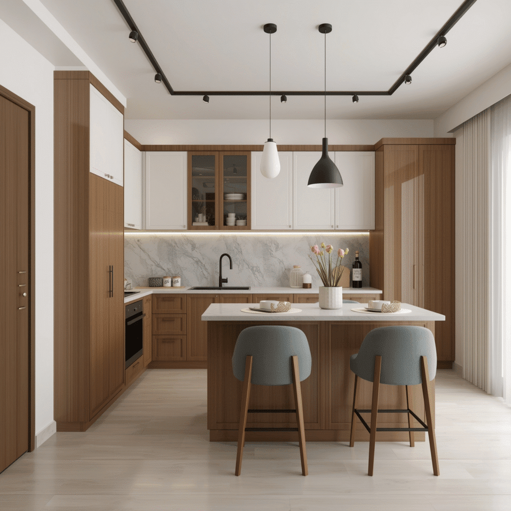 Modern L-shaped modular kitchen with white upper cabinets and granite countertops in Pune apartment showcasing smart storage solutions