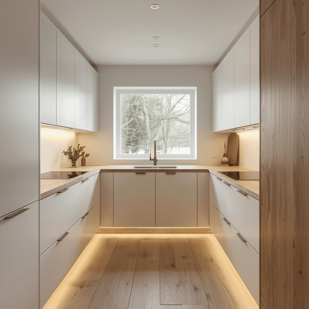 Modern Scandinavian interior design L-shaped kitchen with clean white cabinets, warm wooden elements, and contemporary built-in lighting