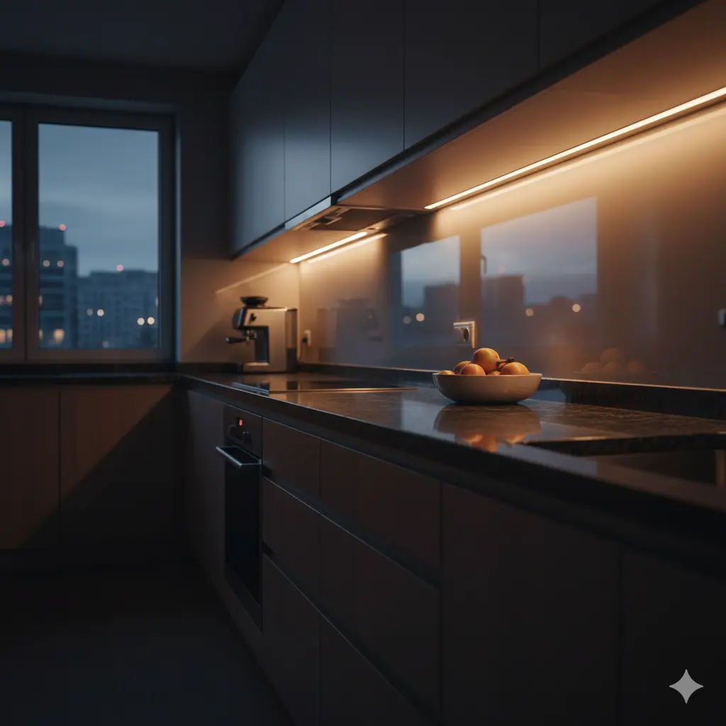 Modern Pune kitchen with smart LED lighting under cabinets at evening
