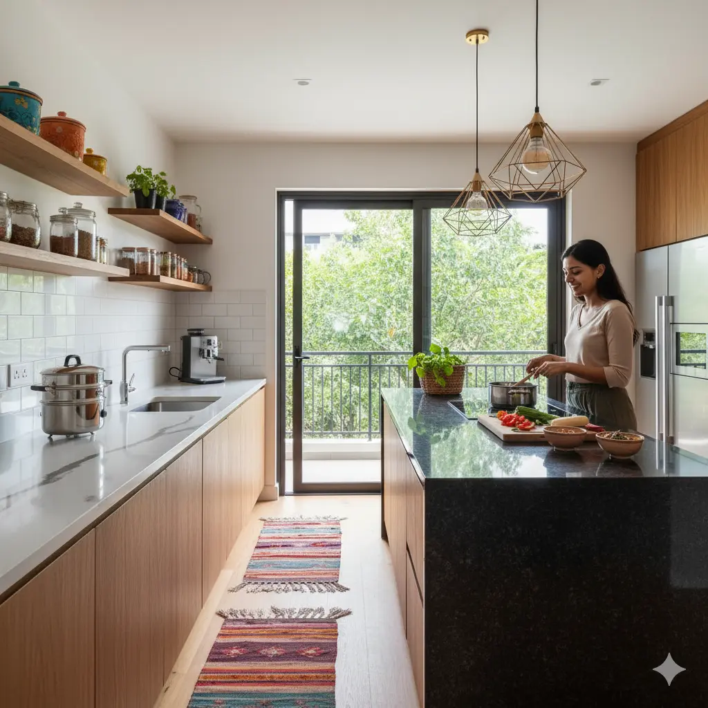 Modern Indian kitchen with granite and quartz countertops comparison in bright natural lighting