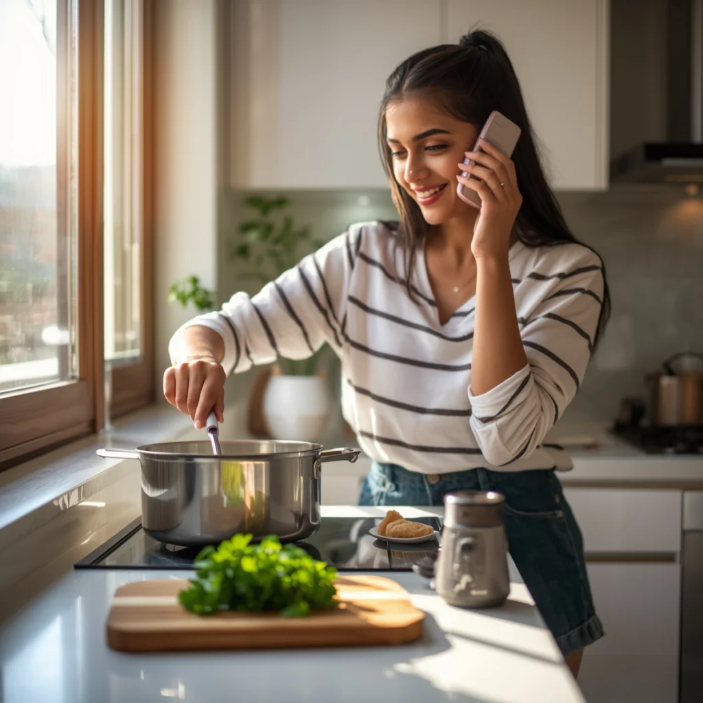 Smiling woman stirring a pot on the stove while using voice commands with a smart speaker in her sunlit Pune kitchen, with fresh coriander on a cutting board nearby