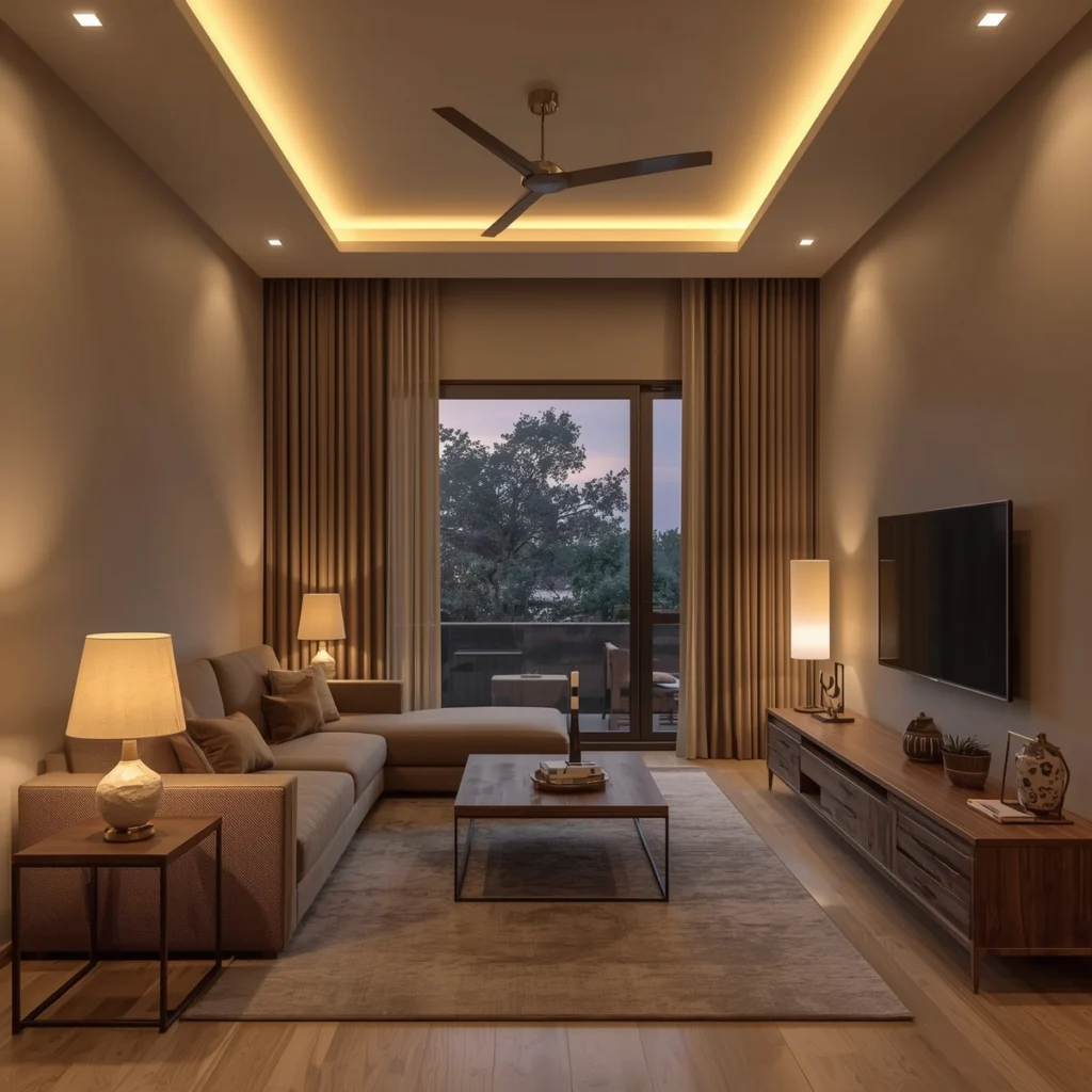 Cozy 2BHK living room interior design in Hinjewadi Pune with warm lighting