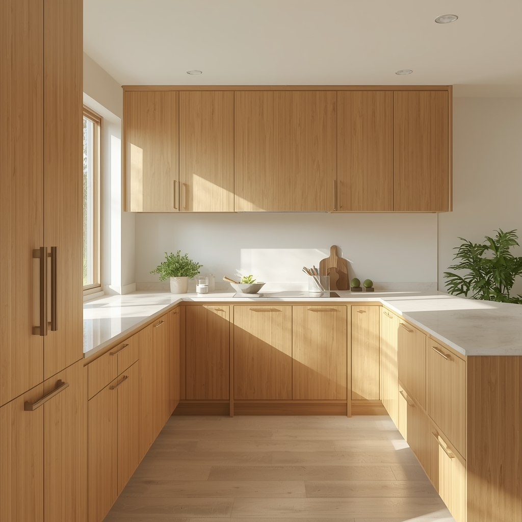 Modern bamboo kitchen cabinets with brushed steel handles in naturally lit space